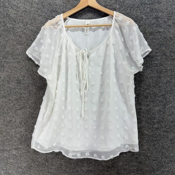 B Blouse Women L Large White Polka Dot Embroidered Tasseled Short Sleeve Casual - Picture 1 of 5